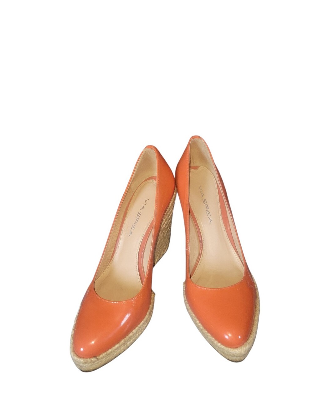 Via Spiga Vibrant  Orange Patent Leather Wedge Espadrille Woven Jute Sole 8